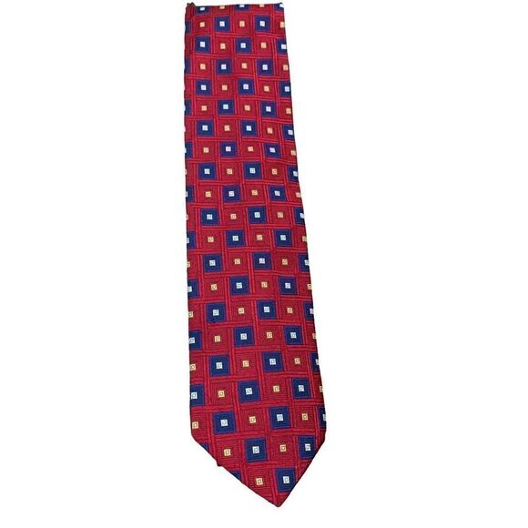 Hart Schaffner Marx Vintage Silk Hand-Tailored Tie, Red Blue Geometric 58”x3.5” - Picture 1 of 5